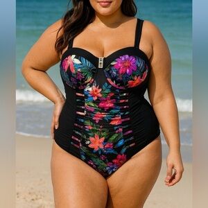 Swimsuits For All Bright Floral Ruched Underwire One Piece Swimsuit Women 20 NWT